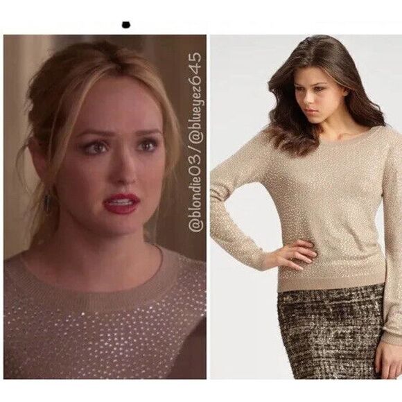 Alice + Olivia Cena tan rhinestone Crew Neck Pullover Sweater Size Small - Picture 3 of 11